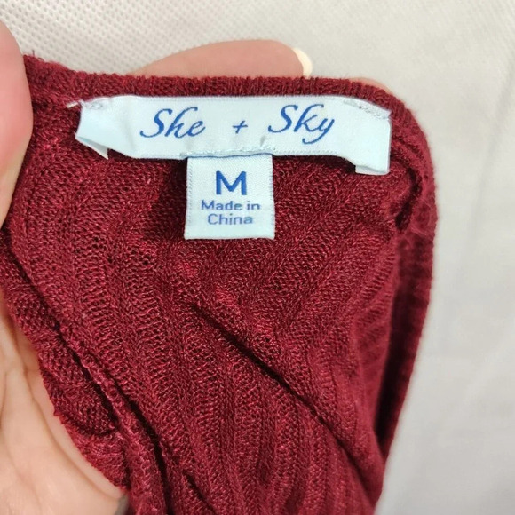 She and Sky Red Ribbed Knit Top Vneck Women Size M Short Flutter Sleeve - Picture 5 of 8